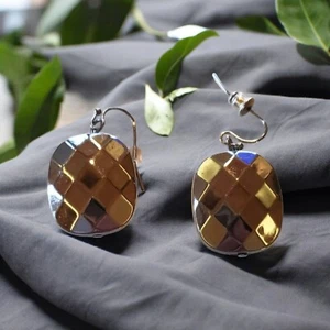 Vintage 1980s Silver 3D Waffle Dangle Earrings Heavy Bold Retro Statement - Picture 1 of 3
