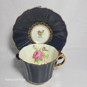 Vintage Old Royal Bone China Wetley Rose Black Teacup and Saucer - Picture 1 of 10