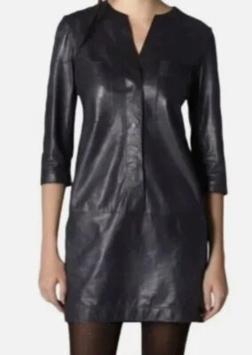 NEW Vince 10 Lamb Leather Women's Dress Shirt Shift Mini V-Neck 3/4 Sleeve Gray - Image 1 of 4