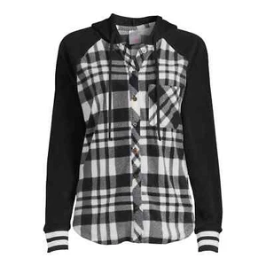 NWT No Boundaries Junior’s L 11-13 Button Front Brushed Plaid Snuggle Hoodie Top - Picture 1 of 11