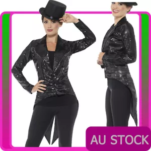 Ladies Black Tailcoat Sequin Costume Cabaret 20s Jazz Gatsby Magician Top Jacket - Picture 1 of 5