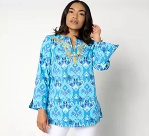 Bellisima By Kim Gravel Ibiza Ikat Boutique Soutache Tunic Blue Size XXS - Picture 1 of 6