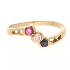 9Ct Yellow Gold Ruby, Diamond & Sapphire Three-Stone Ring (Size O 1/2)7mm Widest - Picture 1 of 3