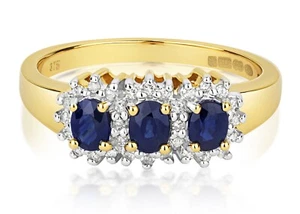 9ct Yellow Gold Sapphire and Diamond Ring Three Stone Cluster Trilogy Size J - Q - Picture 1 of 5