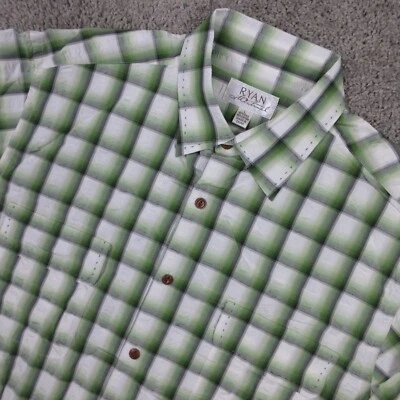 Camisa Ryan Michael Para Hombres Grande Verde A Cuadros Dos Bolsillos Western Seda Abotonada Usada en Excelente Condición Foto 1 de 4