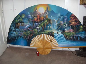 Vintage 50" x 85" Hand Painted Oriental Asian Wall Fan Wood Extra Large NICE - Picture 1 of 10