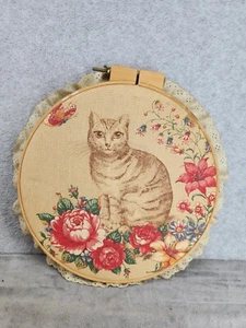 VTG Cat with Floral Pattern on Fabric Wall Hanging Decor 16" - Picture 1 of 7