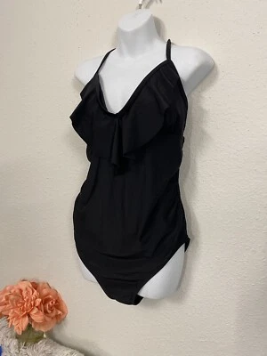 Isabel Maternity Size Large Black Flutter Top One Piece Bathing Suit Swimsuit - Image 1 of 4