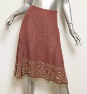 OSCAR DE LA RENTA Womens Deep Red Wool Blend Bead Embellished Hem Flare Skirt 12 - Picture 1 of 6