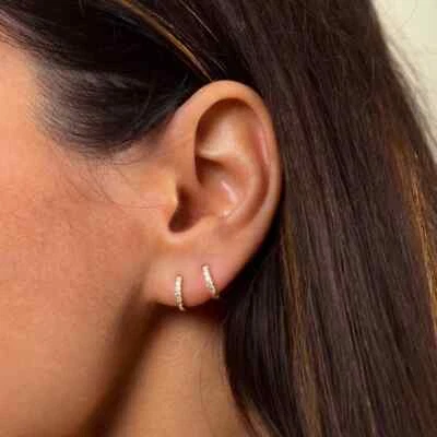 Dainty Pave Hoop 18K Gold Plated Silver Small CZ Huggie Hoop Boho Earrings Women - Image 1 of 4