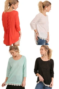 UMGEE Womens Chic Back Drawstring Crochet 3/4 Sleeve Top Blouse S M L - Picture 1 of 11