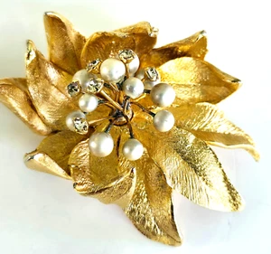 Vintage Kunstperlen klar Strass 3D Blatt Spray goldfarben Pin 2-3/16" - Bild 1 von 6