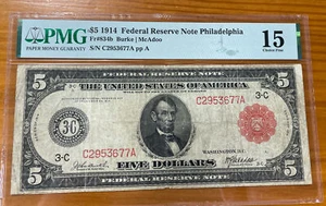 1914 $5 Federal Reserve Note Red Seal Tough note PMG F15 - Picture 1 of 2