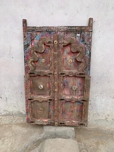 Antique Hand Carved Wooden Rustic Red Painted Rajasthan House Window Door - Picture 1 of 11