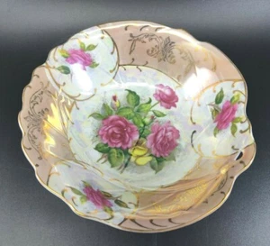 Tazón de servir vintage rosa amarillo rosas pintado a mano brillo detalles dorados - Imagen 1 de 12