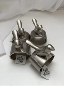 Crate & Barrel Birdy Napkin Rings 4 Silver Decorative Table Setting Birds NEW - Picture 1 of 5