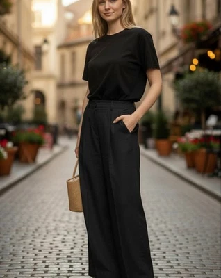 Calça Tencel COS Cintura Alta Perna Larga Plissada - Nova Com Etiqueta Tamanho 4 Neutra Preta Sólida  - Imagem 1 de 4