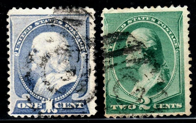 Sello EE. UU. (circa 1887) 1¢ Benjamin Franklin SC#212 - 2¢ George Washington SC#213 Foto 1 de 2