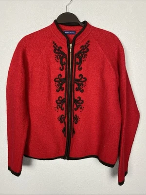 Cárdigan de vacaciones KAREN SCOTT talla L lana hervida rojo bordado suéter cremallera chaqueta Foto 1 de 4