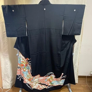 Woman Japanese Colored formal bird kimono Floral pattern black 153cm Used - Picture 1 of 12