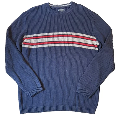 Vintage Cherokee Ramie Cotton Sweater L Navy Blue Striped Crewneck Hong Kong - Image 1 of 4