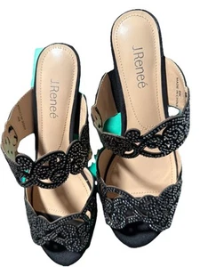 J. Renee Francie - Women's 9.5 Black Sandal Satin Rhinestone Wide - Picture 1 of 3