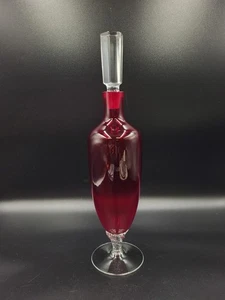 Mid-century Ruby Glass Decanter, Clear Twist Stem And Foot, Ground Glass Stopper - Picture 1 of 9