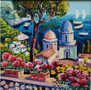 Vasi di gerani a Ravello Athos Faccincani Opera UNICA OLIO SU TELA Paesaggio - Foto 1 di 1