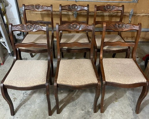 6 Antique Duncan Phyfe Dining Chairs Rose Back Carved Wood w Upholstered Seats Cover