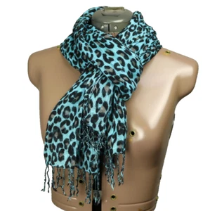 Leopard Print Fringed Rectangle Scarf Blue DISTRESSED 68"x15" - Picture 1 of 16