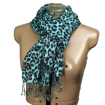Leopard Print Fringed Rectangle Scarf Blue DISTRESSED 68"x15" — 第 1/4 张图片
