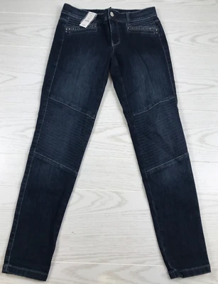 Pantalones de mezclilla ajustados White House Black Market Moto para mujer 4 azul oscuro adornados nuevos $98 Foto 1 de 4