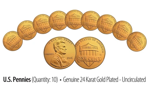 Lot of 10 - 2016 24K GOLD Plated US Uncirculated Genuine LINCOLN SHIELD PENNIES Cover