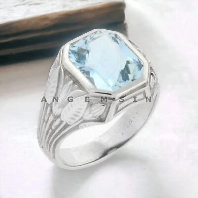 Piedras preciosas de aguamarina con anillo de novio de plata de ley 925 para hombre #AL170 Foto 1 de 4