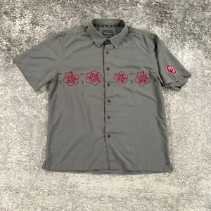 Oklahoma Sooner Hawaiian Shirt Mens Large Grey Hibiscus Stitched Logo Chiliwear - Picture 1 of 13