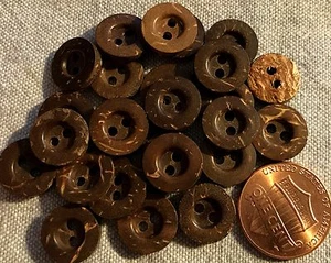24 Small Concave Brown Coconut Shirt Buttons Sew-through 11mm 7/16" # 8281 - Picture 1 of 1