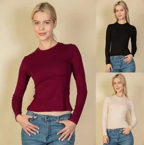 Womens Basic T-Shirt Round Neck Long Sleeve Stretch Rib Knit Solid Top - Picture 1 of 28