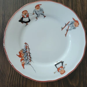 Vintage Porsgrund Nisse Winter Elves Gnomes Sledding 6 3/4" Bread Plate Norway - Picture 1 of 10