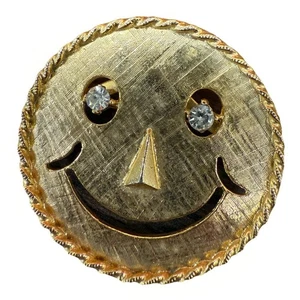 VTG Smiley Face Pumpkin Pin Brooch & Pendant Textured Gold Tone Rhinestones Eye - Picture 1 of 4