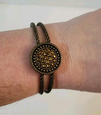 Brass Bronze Cuff Bracelet Amber Disc Of Crystals 2.5" Diameter  - Image 1 of 4