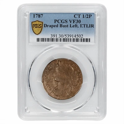 Medio centavo izquierdo busto drapeado Connecticut 1787 1/2P ETLIR PCGS VF 30 Foto 1 de 3