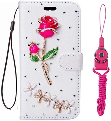 Rose Flowers Bling Diamonds Stand Leather Wallet Women Phone Case And 2 Lanyards - Image 1 of 4