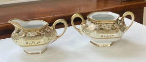 Hand Painted Nipoon Sugar & Creamer w Gold Paint and Moriage Art Nouveau 1910s - Picture 1 of 10