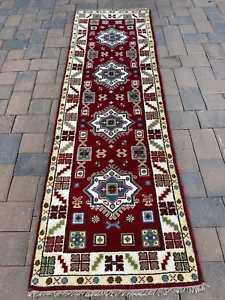 Brandneu Bunt Tribal Läufer Handgefertigt in Indien, Geometrisches Kasachisches Design, 3x8 - Bild 1 von 24