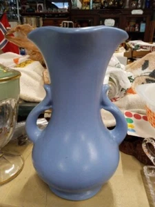 Red Wing RumRill Blue 2 Handled Vase RH 7 Art Deco Made in USA Vintage Pottery - Picture 1 of 6