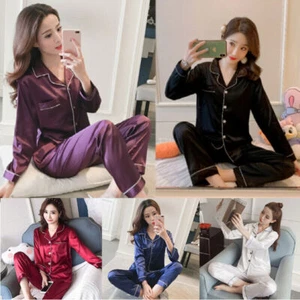 Women's Silk Satin Pajamas Set Long Sleeve Button-Down Sleepwear Loungewear New. - Picture 1 of 21