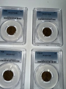 Lincoln Wheat Cents PCGS 1925 VG09288, 1927VF20, 1928 F12, 1928-D G04 - Picture 1 of 2