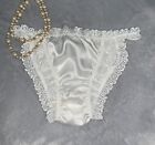 Glossy Frilly Bridal White Silk String Bikini Panties XL 8 Satin Dbl Gusset