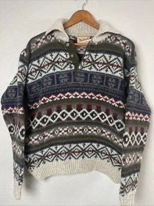 WOOLRICH Sweater Mens Sz Med Geometric Fair Isle Wool Grandpa Casual Collar Vtg - Picture 1 of 6