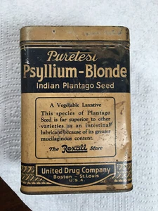 Puretest Psyllium-Blonde Antique Tin Indian Plantago Seed, Rexall Store Laxative - Picture 1 of 9